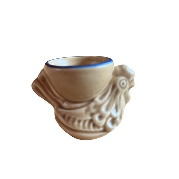 Vintage chicken egg cup/toothpick holder. tan with blue trim. farm house decor - Picture 1 of 7